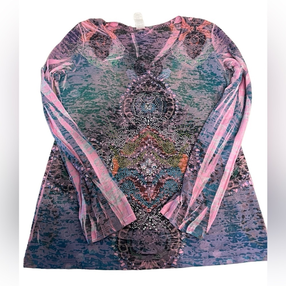 Rouge Y2K Style Tie Dye & Rhinestone Long Sleeve Top Women’s Size 2X -Runs Small